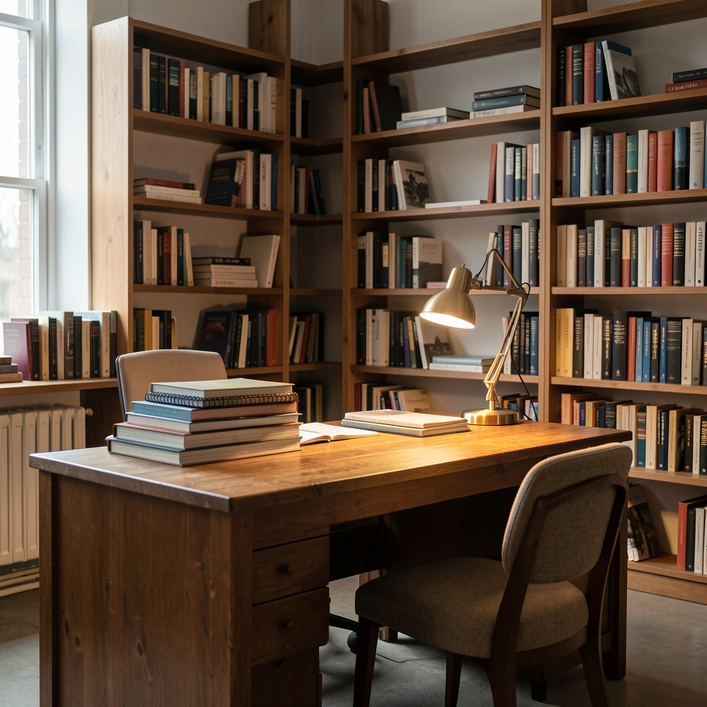 A quiet editorial office interior with a wooden desk, stacked notebooks, a lamp casting warm light, and bookshelves along the wall