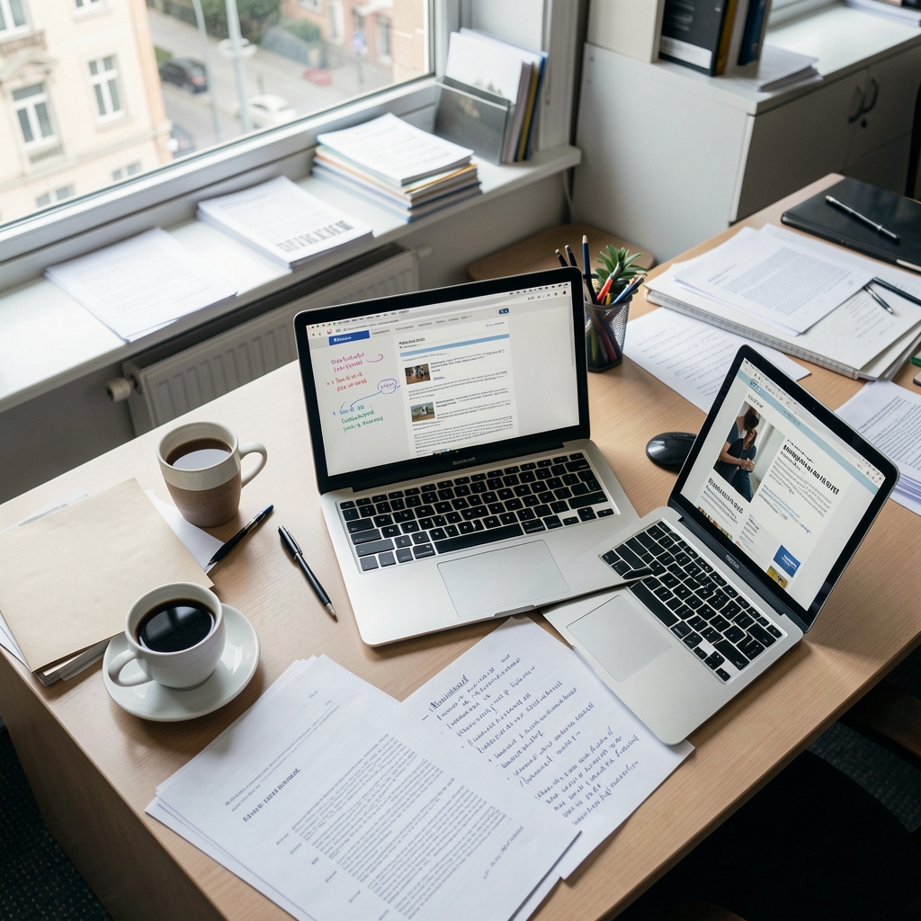 A working editorial office seen from above — papers, a coffee cup, a laptop with notes visible, and a window letting in diffused Brussels daylight