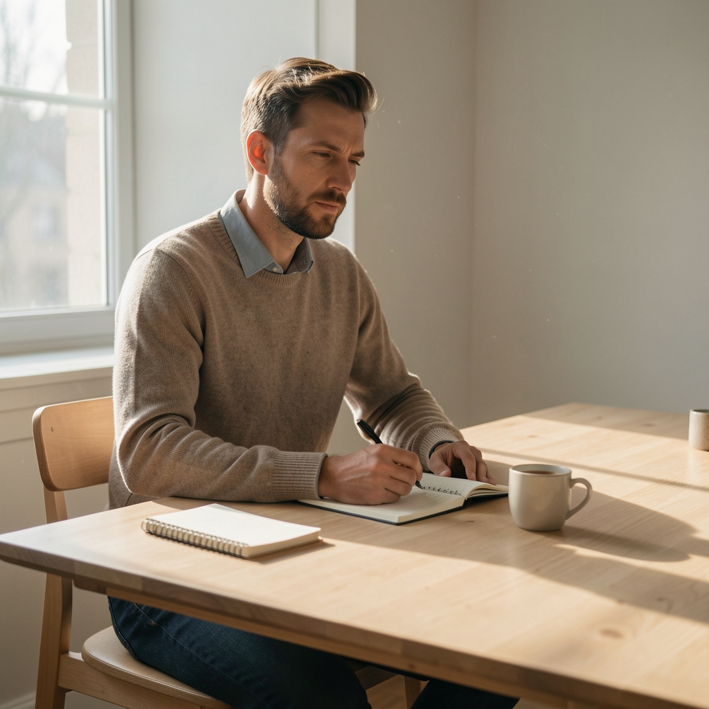 Man sitting at a minimal wooden desk in early morning light, notebook open, coffee cup beside it, calm focused atmosphere in a Brussels apartment
