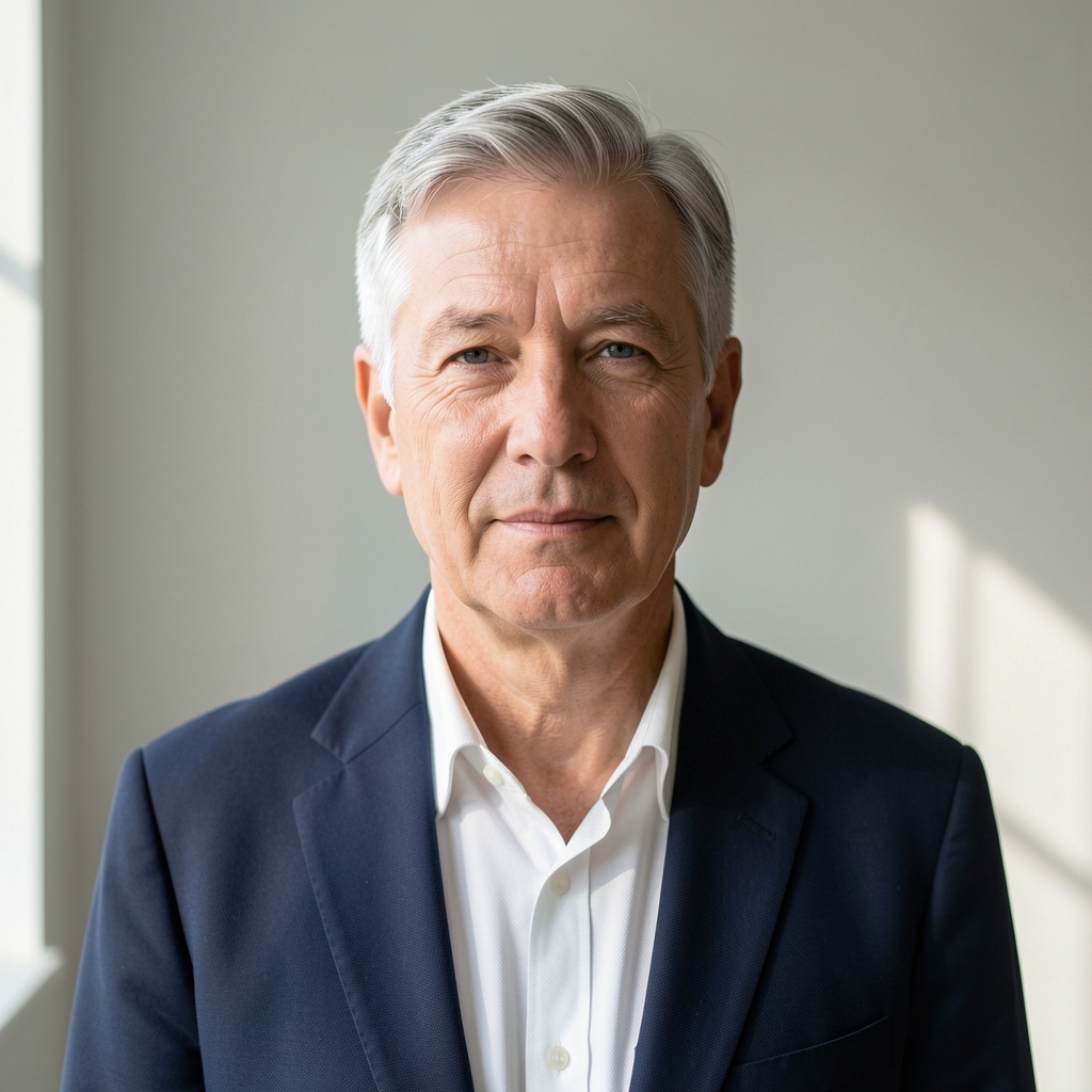 Tobias Ashcroft, senior editor at Kalonix Quarterly, photographed in a minimal studio setting with natural sidelight