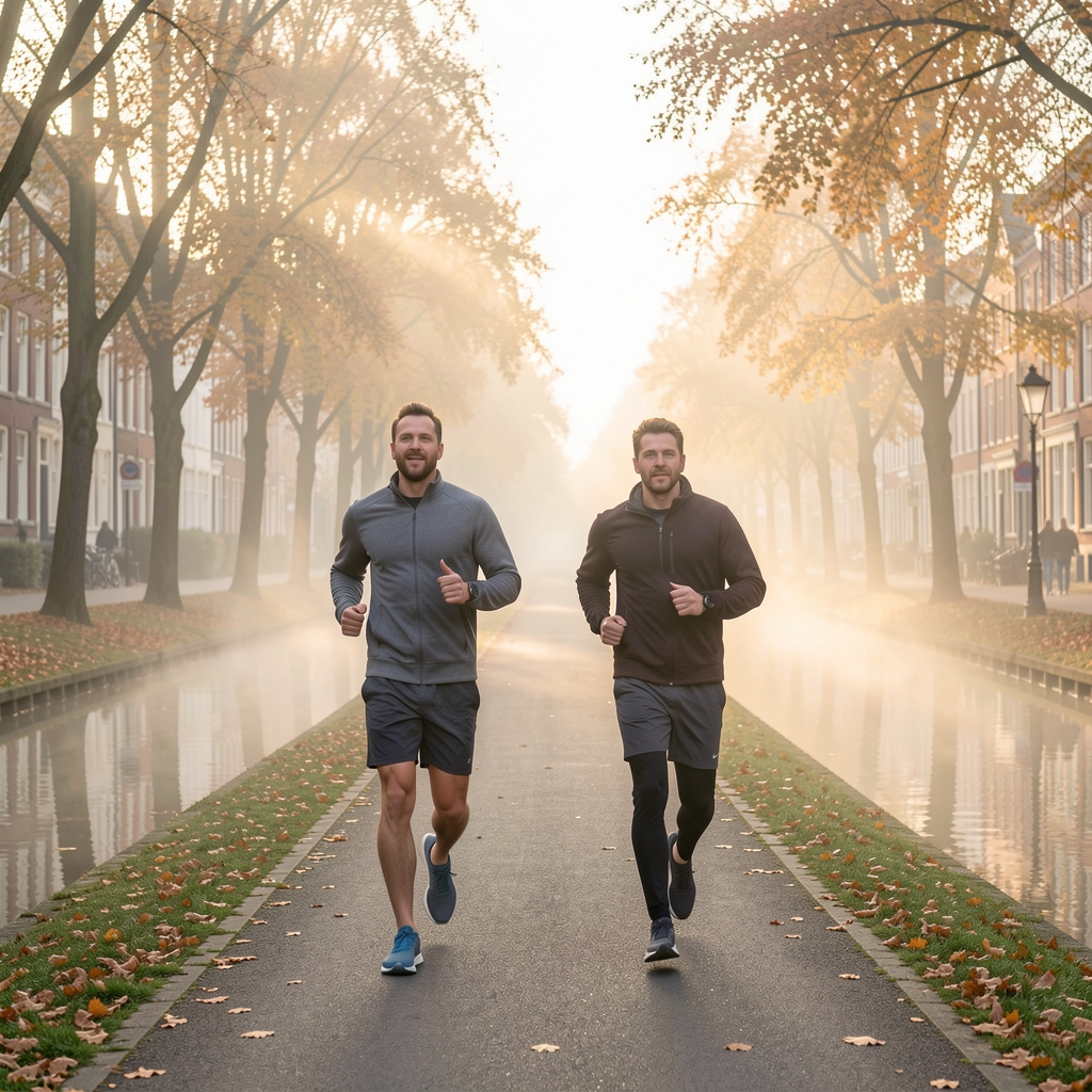 Two men jogging along a canal path in Brussels at dawn, autumn trees lining the route, mist rising over the water, relaxed pace